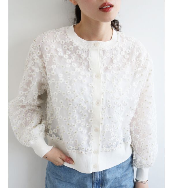  「フラワーレース刺繍ニットカーディガン」|カーディガン|