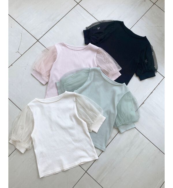  「パールチュールスリーブトップス」|Tシャツ・カットソー|