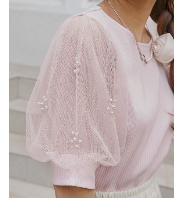  「パールチュールスリーブトップス」|Tシャツ・カットソー|