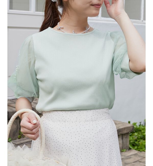  「パールチュールスリーブトップス」|Tシャツ・カットソー|