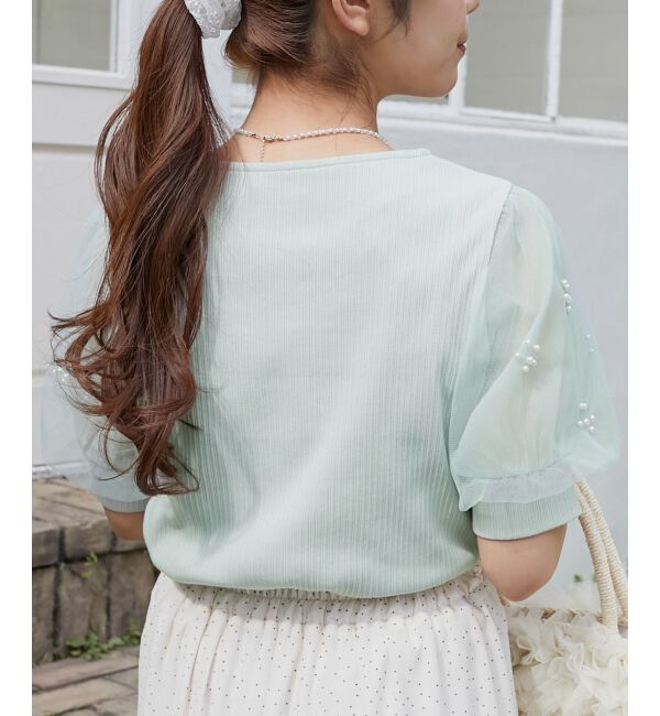  「パールチュールスリーブトップス」|Tシャツ・カットソー|