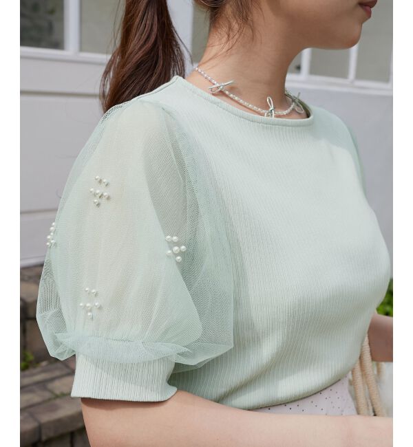  「パールチュールスリーブトップス」|Tシャツ・カットソー|