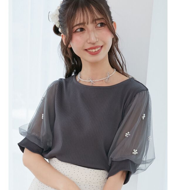  「パールチュールスリーブトップス」|Tシャツ・カットソー|