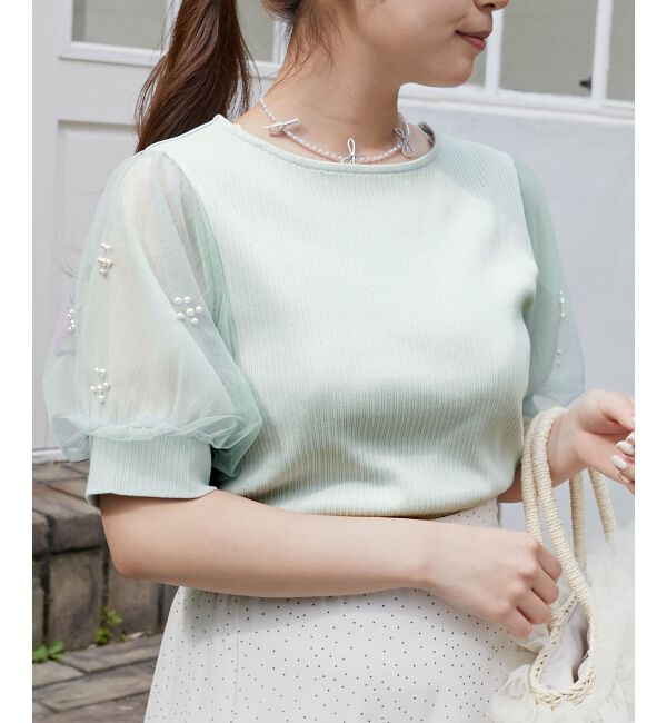  「パールチュールスリーブトップス」|Tシャツ・カットソー|Ｌ／グリーン