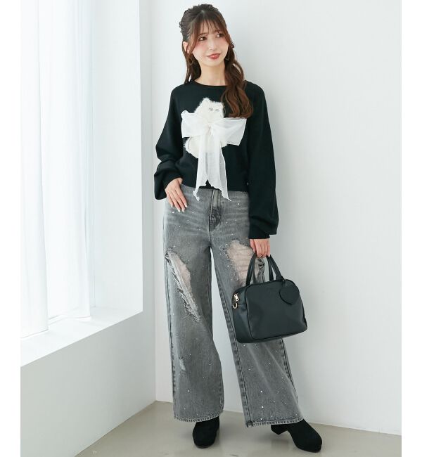  「キラキラレースダメージデニム」|デニム|