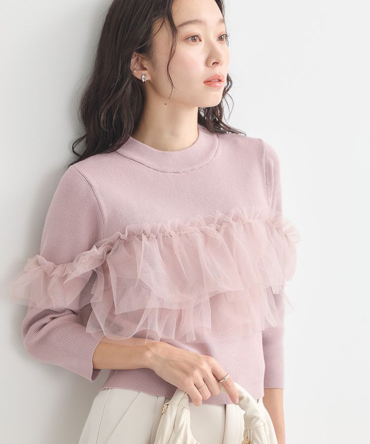 earth music&ecology「胸元チュールドッキングニットプルオーバー」|ニット・セーター|