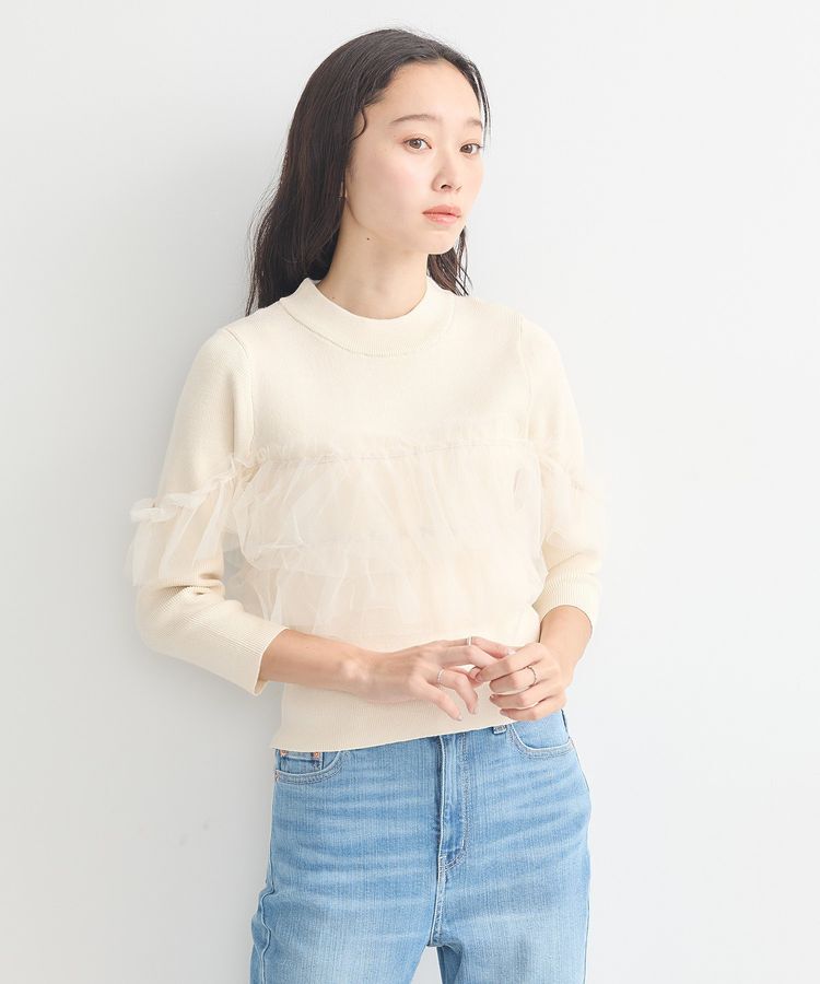 earth music&ecology「胸元チュールドッキングニットプルオーバー」|ニット・セーター|