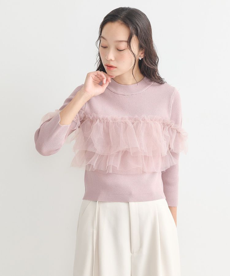 earth music&ecology「胸元チュールドッキングニットプルオーバー」|ニット・セーター|