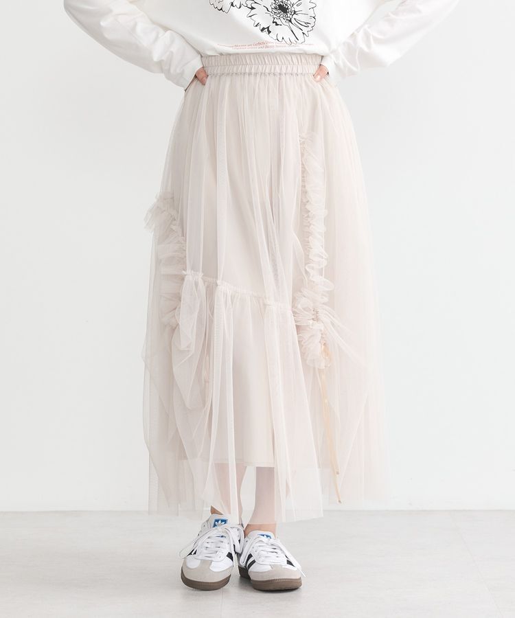 earth music&ecology「チュールアシンメトリーフリルスカート」|フレア|