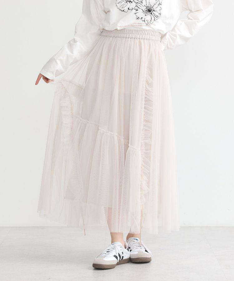 earth music&ecology「チュールアシンメトリーフリルスカート」|フレア|Light beige