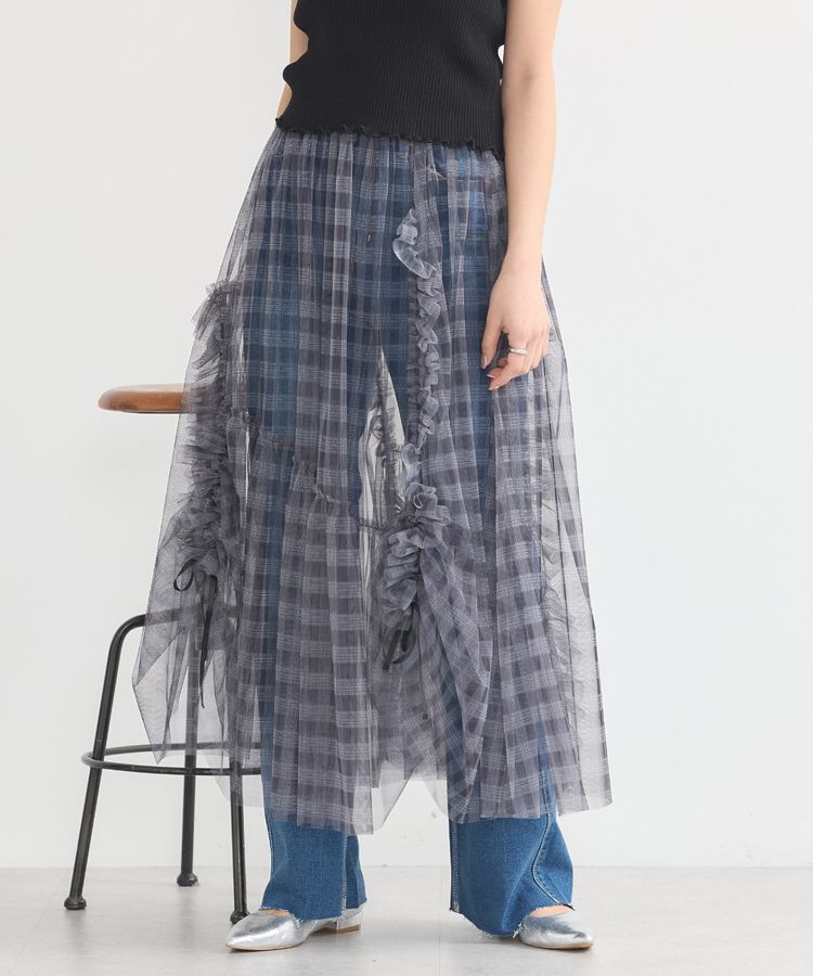 earth music&ecology「チュールアシンメトリーフリルスカート」|フレア|チェックブラック