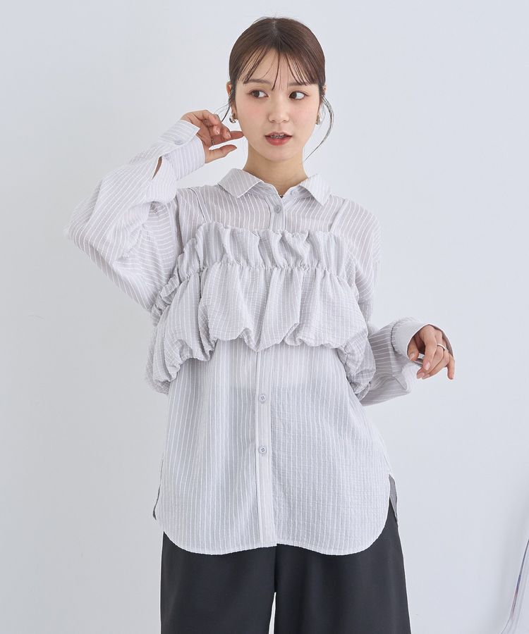 earth music&ecology「SET2点起毛ストライプシャツ+バルーンビスチェ」|シャツ・ブラウス|