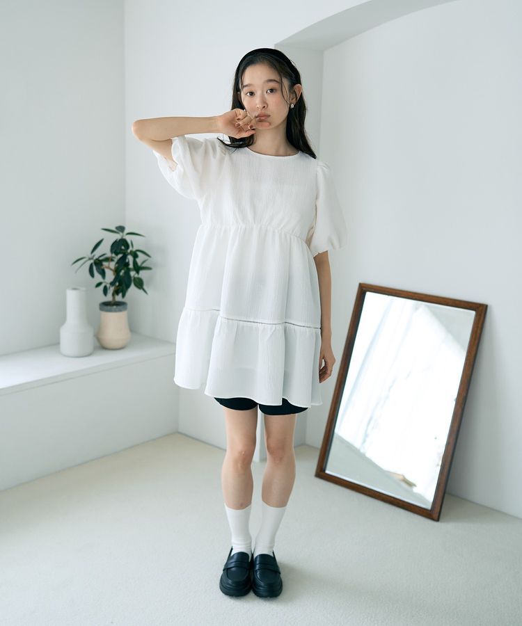 earth music&ecology「バックリボンパフスリーブミニワンピース」|ワンピース|