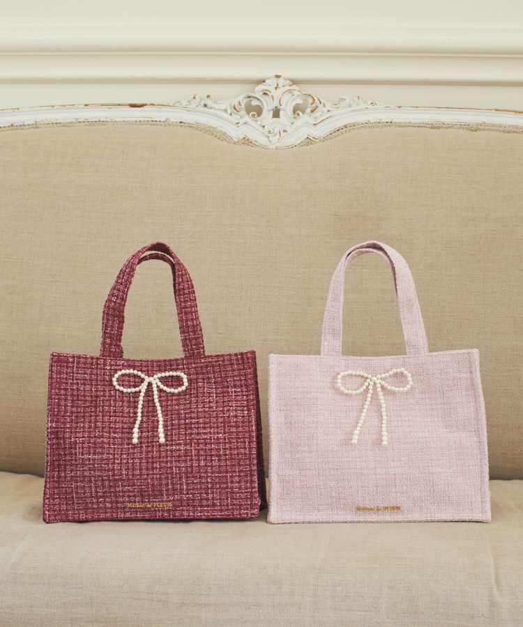 Maison de FLEUR「ピンクツイードパールリボンスクエアトートバッグ」|トートバッグ|