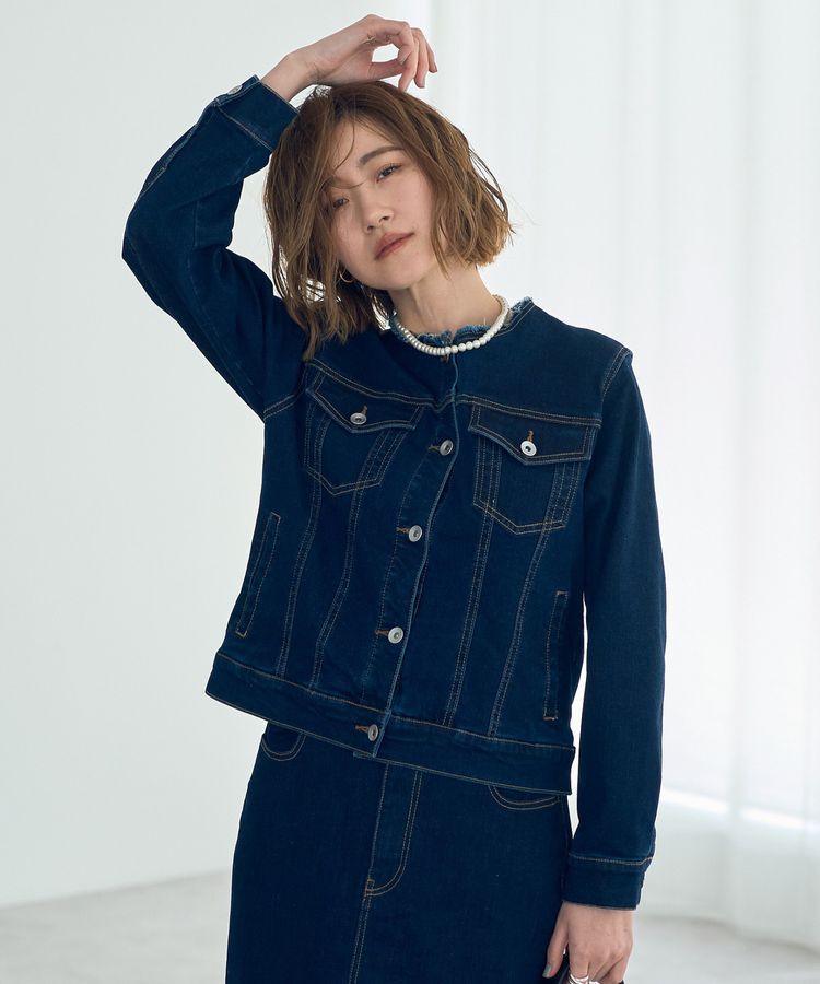 YECCA VECCA「ノーカラーストレッチGジャン」|テーラードジャケット|Dark Indigo