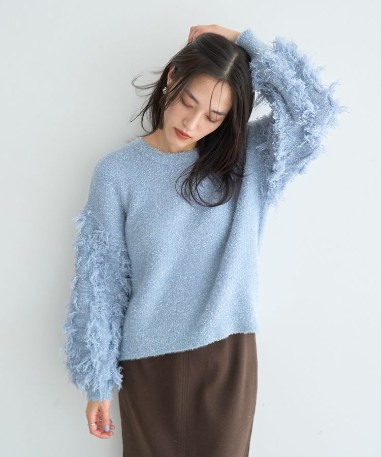 YECCA VECCA「ラメフェザー袖フリンジニット」|ニット・セーター|Blue