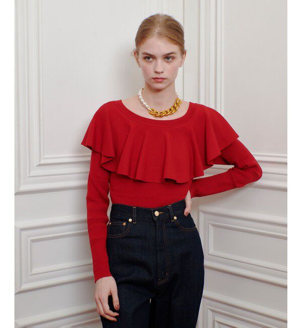 LOULOU WILLOUGHBY「【LOULOU WILLOUGHBY】ラッフルオフショルプルオーバー」|ニット・セーター|
