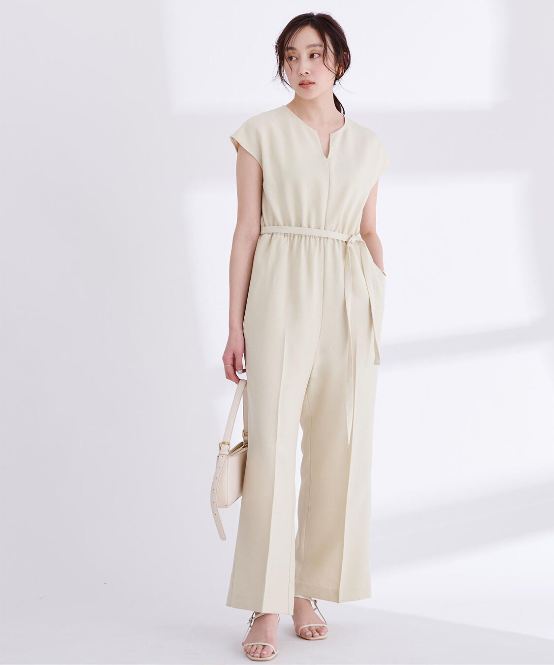 ur's「リネンライクヘンリーネックオールインワン」|オールインワン|アイボリー