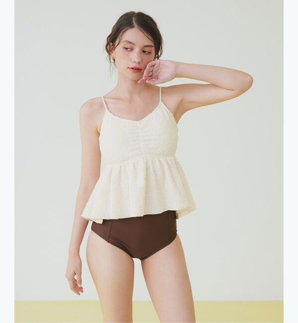 SEA DRESS「立体ジャガードペプラムフレアビキニ/水着」|ビキニ|ｵﾌﾎﾜｲﾄ/ﾌﾞﾗｳﾝ