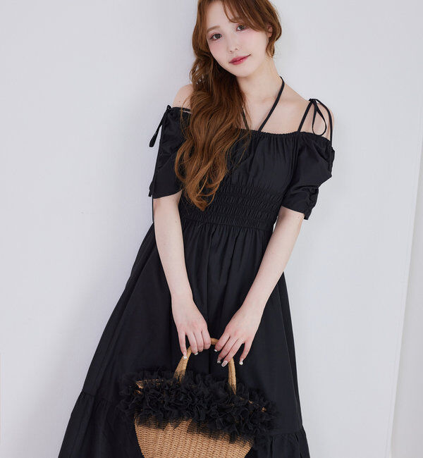  「【ウエスト細見え】シャーリングアソートワンピ」|ワンピース|ブラック