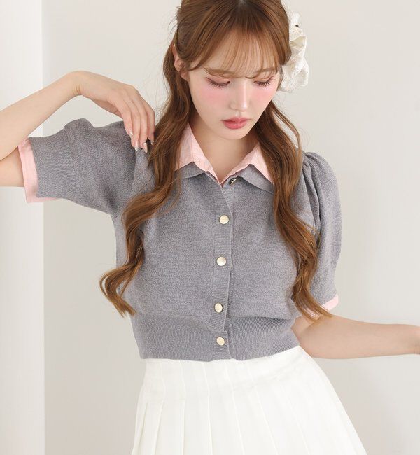  「今期トレンド/重ね襟半袖ニット」|ニット・セーター|ライトグレー