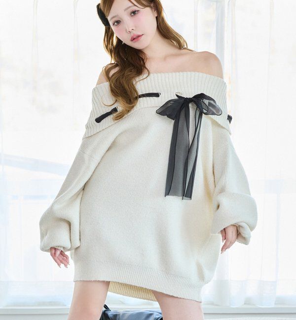  「リボン付きオフショルニットワンピ」|ワンピース|