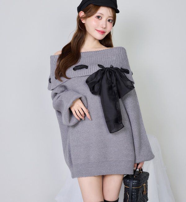  「リボン付きオフショルニットワンピ」|ワンピース|チャコールグレー