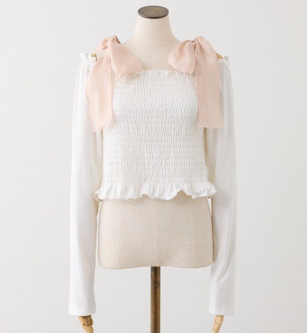  「肩リボンシャーリングトップス」|プルオーバー|ピンク