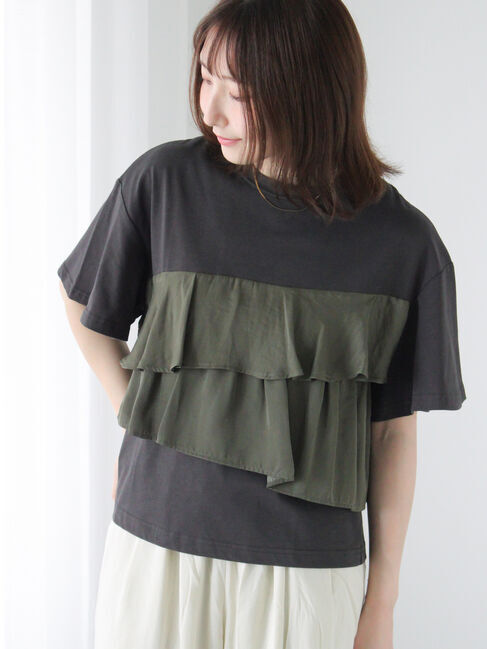 Te chichi TERRASSE「フリルドッキング半袖トップス」|その他|チャコールグレー