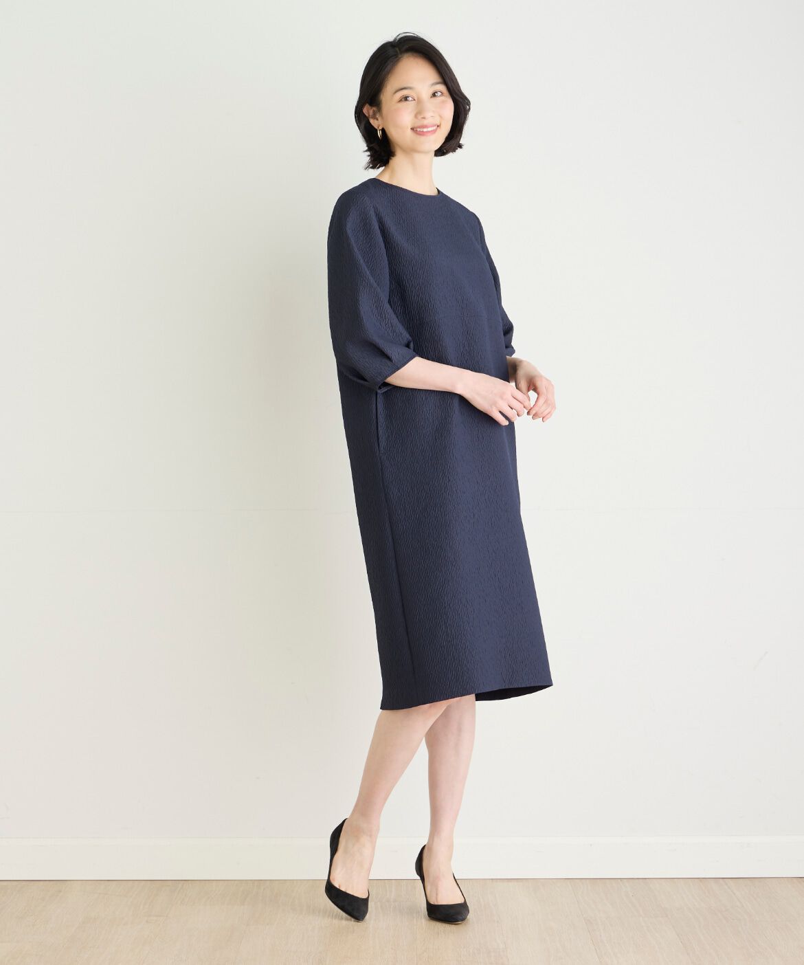 7-IDconcept.「《大きいサイズ》フクレジャカードワンピース」|ワンピース|ネイビー