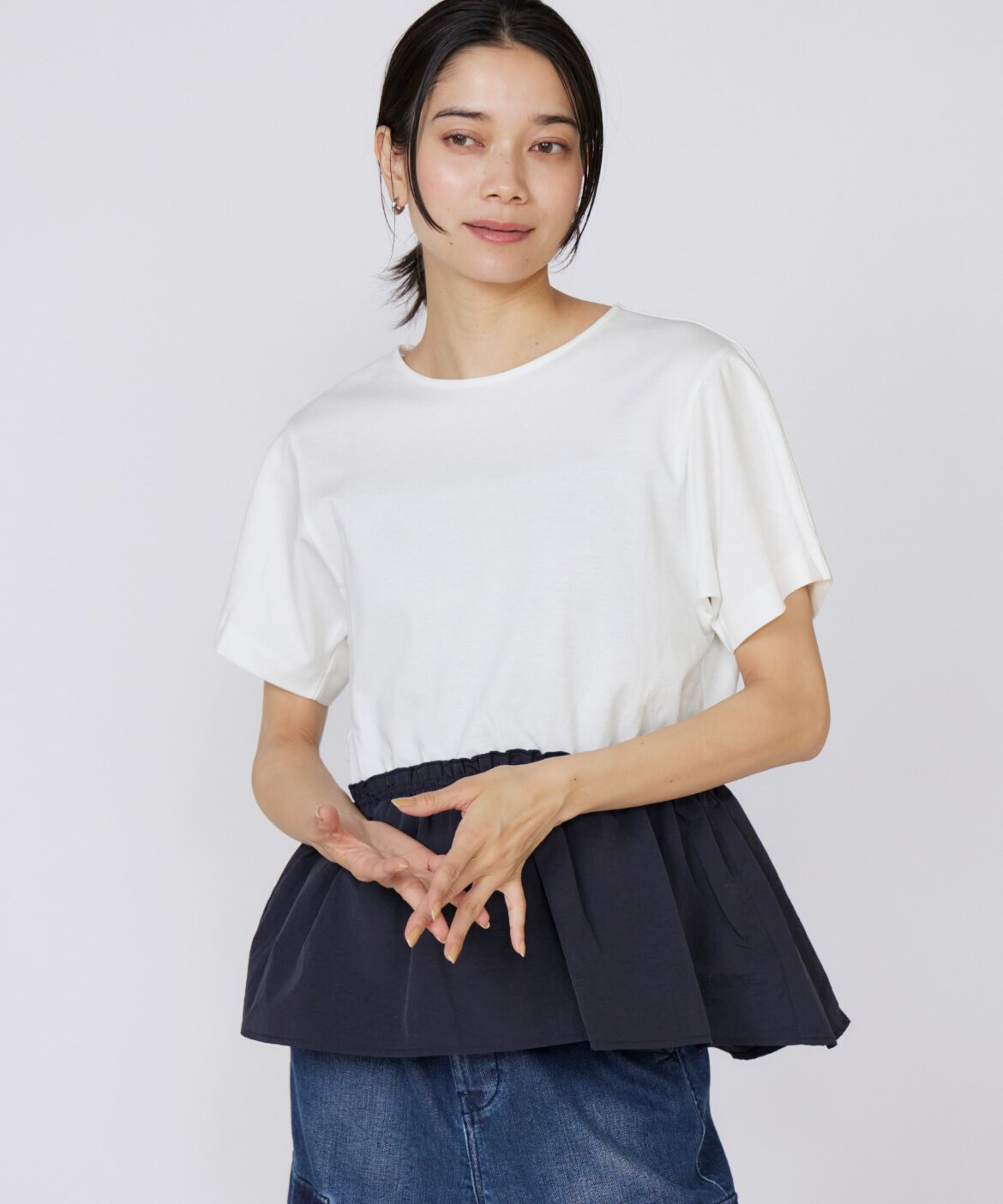 INED「《大きいサイズ》ドッキングペプラムカットソー」|Tシャツ・カットソー|オフホワイト1