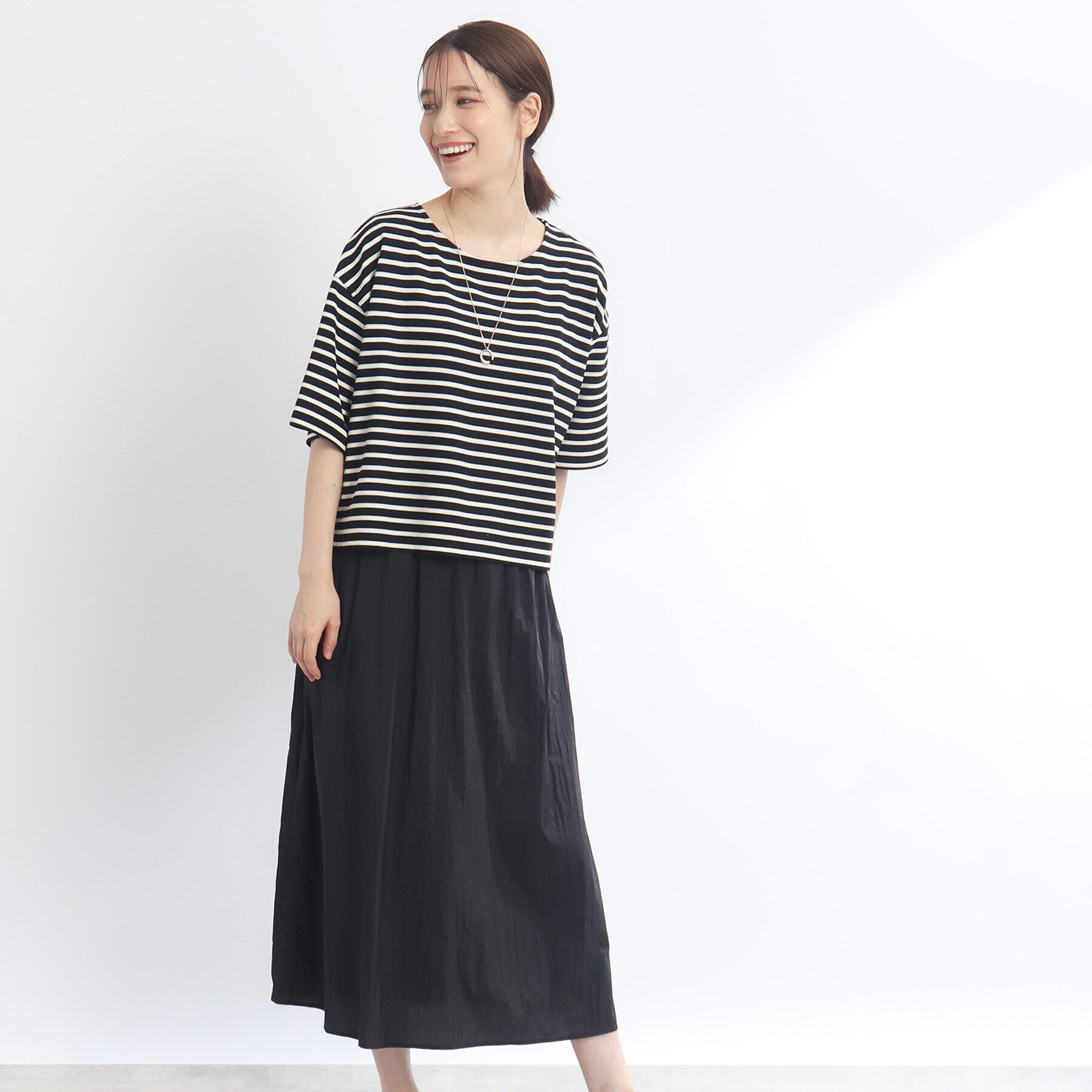 Reflect「【E‐QUALITY／手洗い可／セットアイテム】ボーダープルオーバー＋タンクトップワンピース」|ワンピース|ブラック(319)