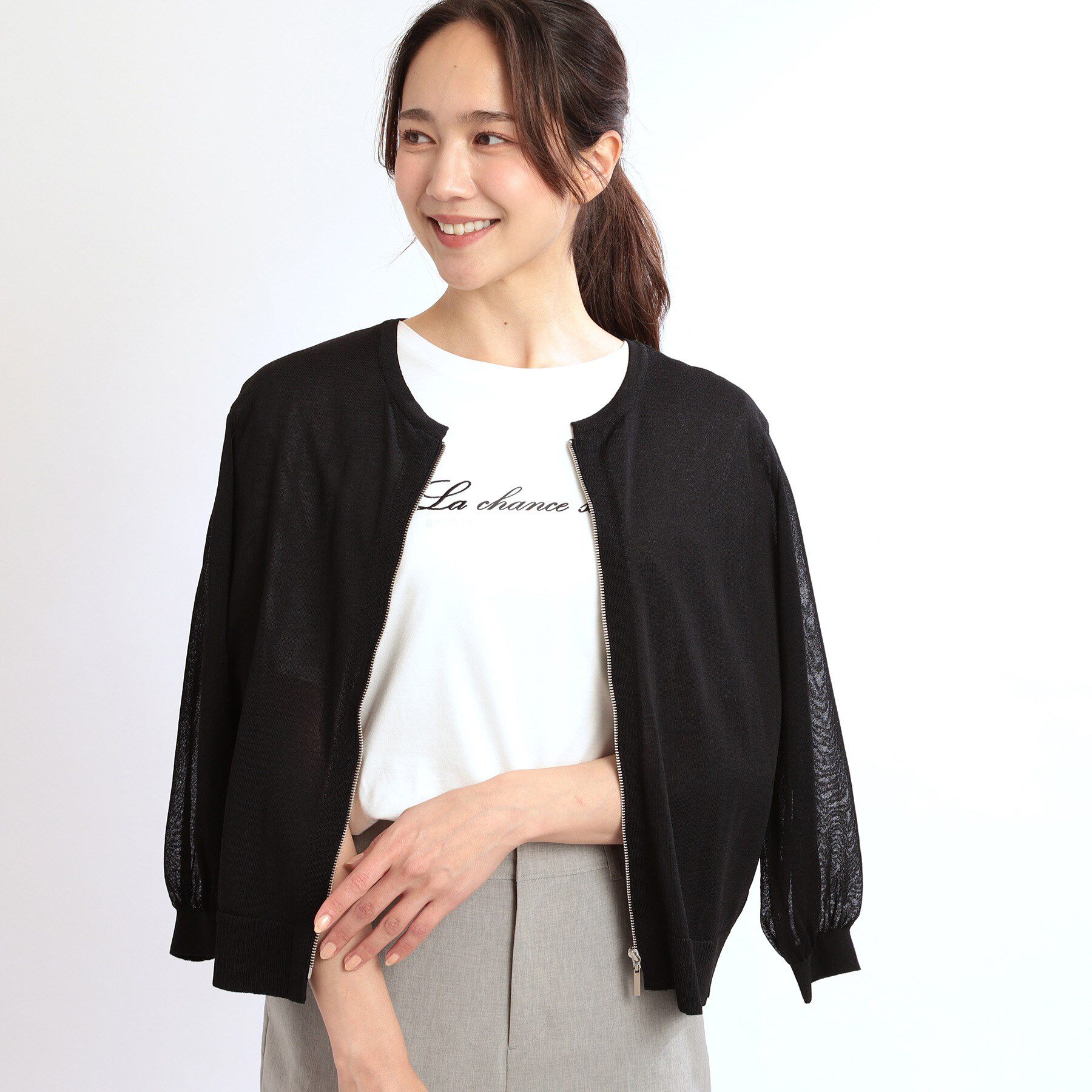 Reflect「【手洗い可】ジップアップニットカーディガン」|カーディガン|ブラック(019)