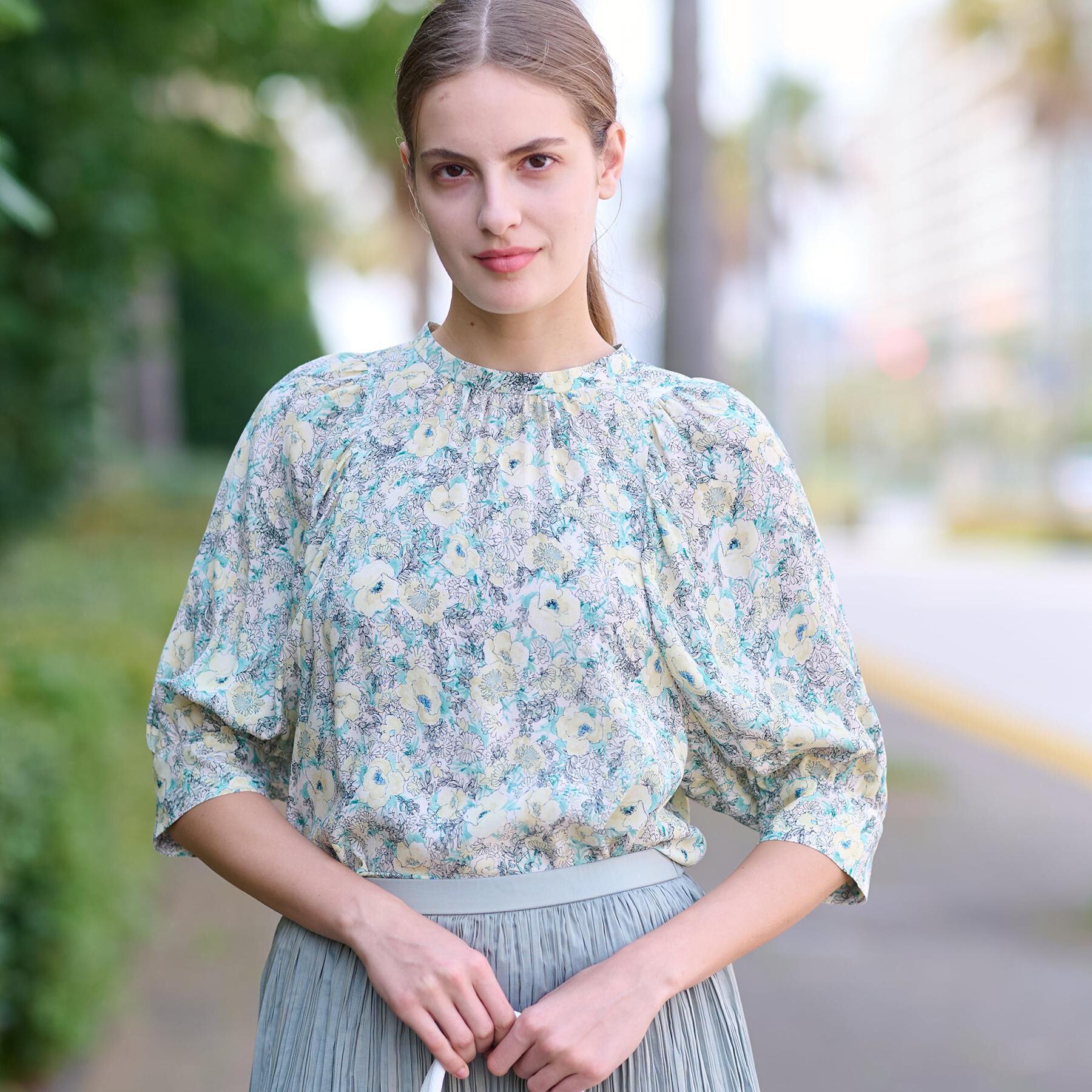 DRESSTERIOR「【着映え／花柄】フラワープリントボリュームスリーブブラウス」|シャツ・ブラウス|ミントグリーン(12