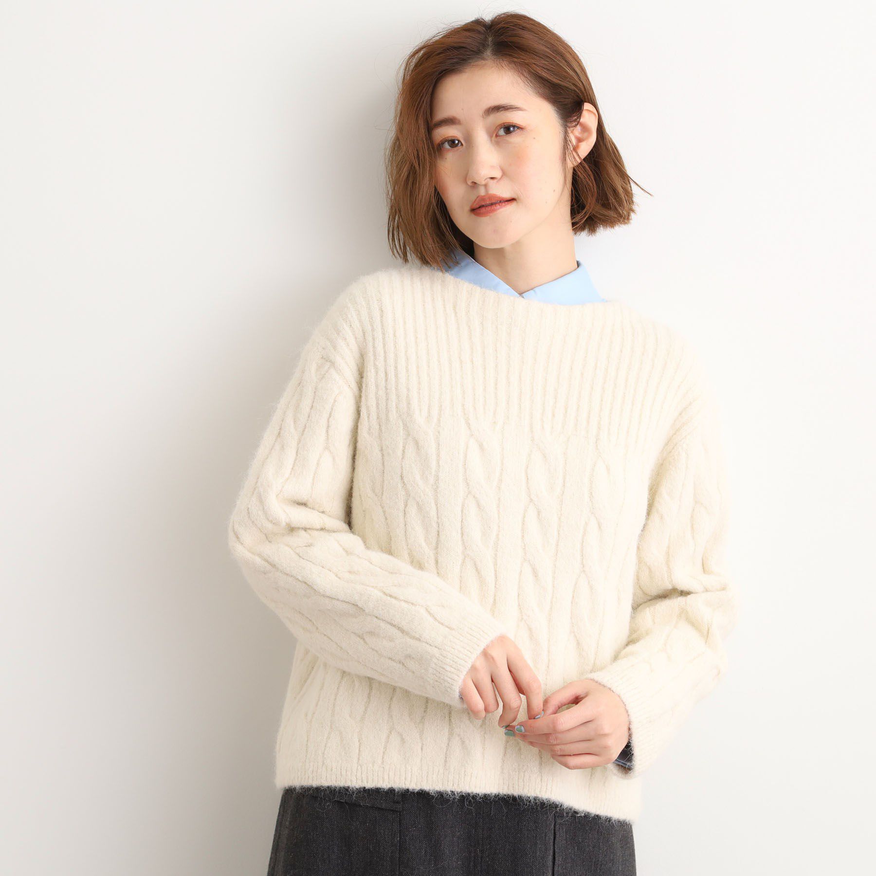 grove「ふんわり包み込む ケーブルボートネックニット」|ニット・セーター|オフホワイト(003
