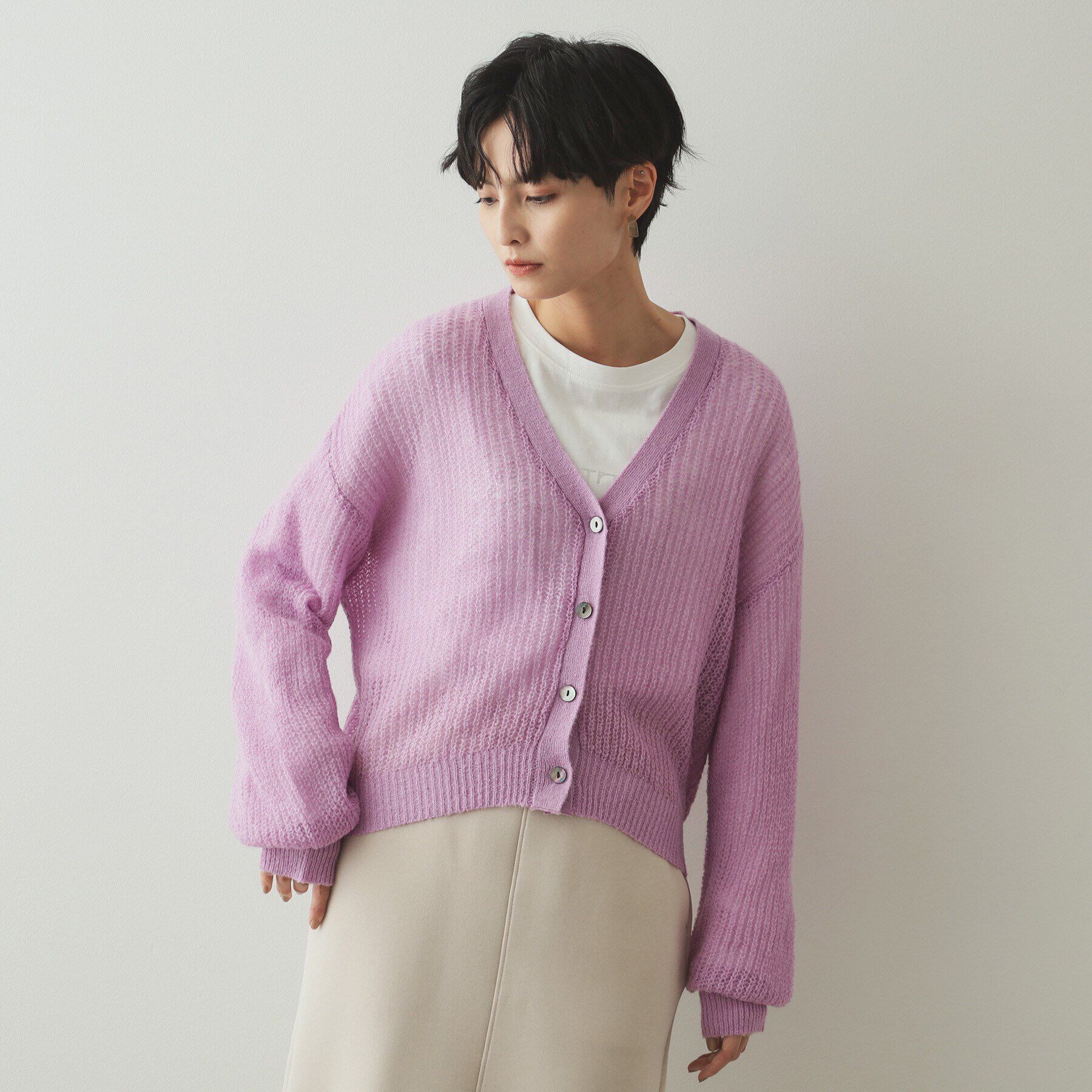 OPAQUE.CLIP「モヘヤ混シアーVネックカーディガン【洗濯機洗い可】」|カーディガン|