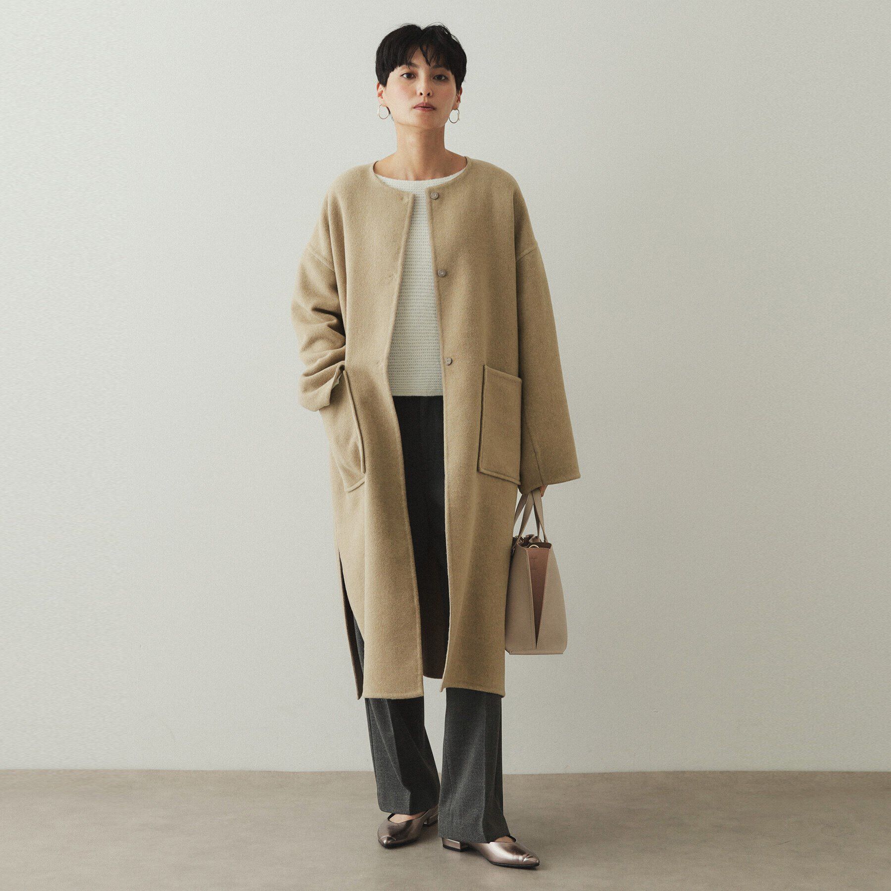 OPAQUE.CLIP「《マフラー付き》ウール混ノーカラーコート」|ノーカラーコート|