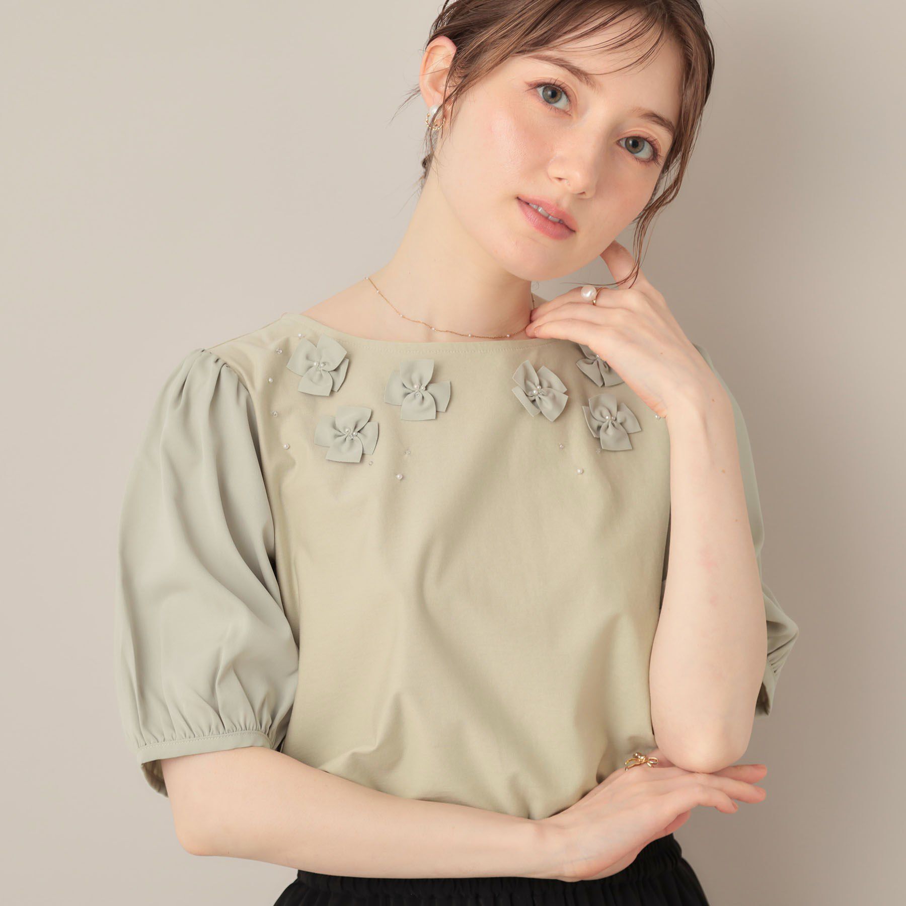 Couture broach「【接触冷感・UVカット】シフォンフラワーエンブロドッキングカットソー」|Tシャツ・カットソー|ミントグリーン(02