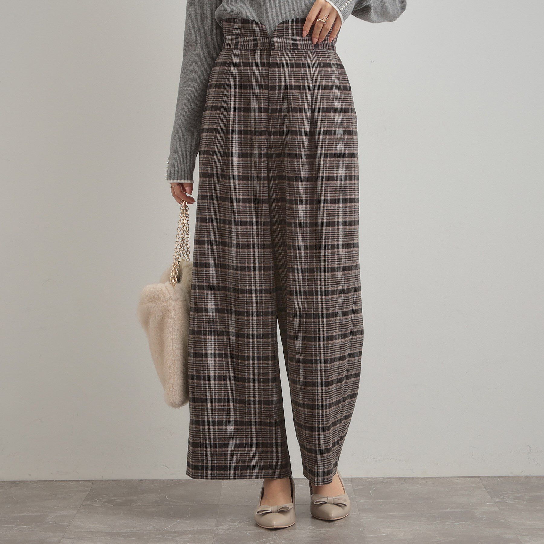 Couture broach「【大人可愛い】起毛先染めチェック柄 スカラウエスト ワイドパンツ」|その他|