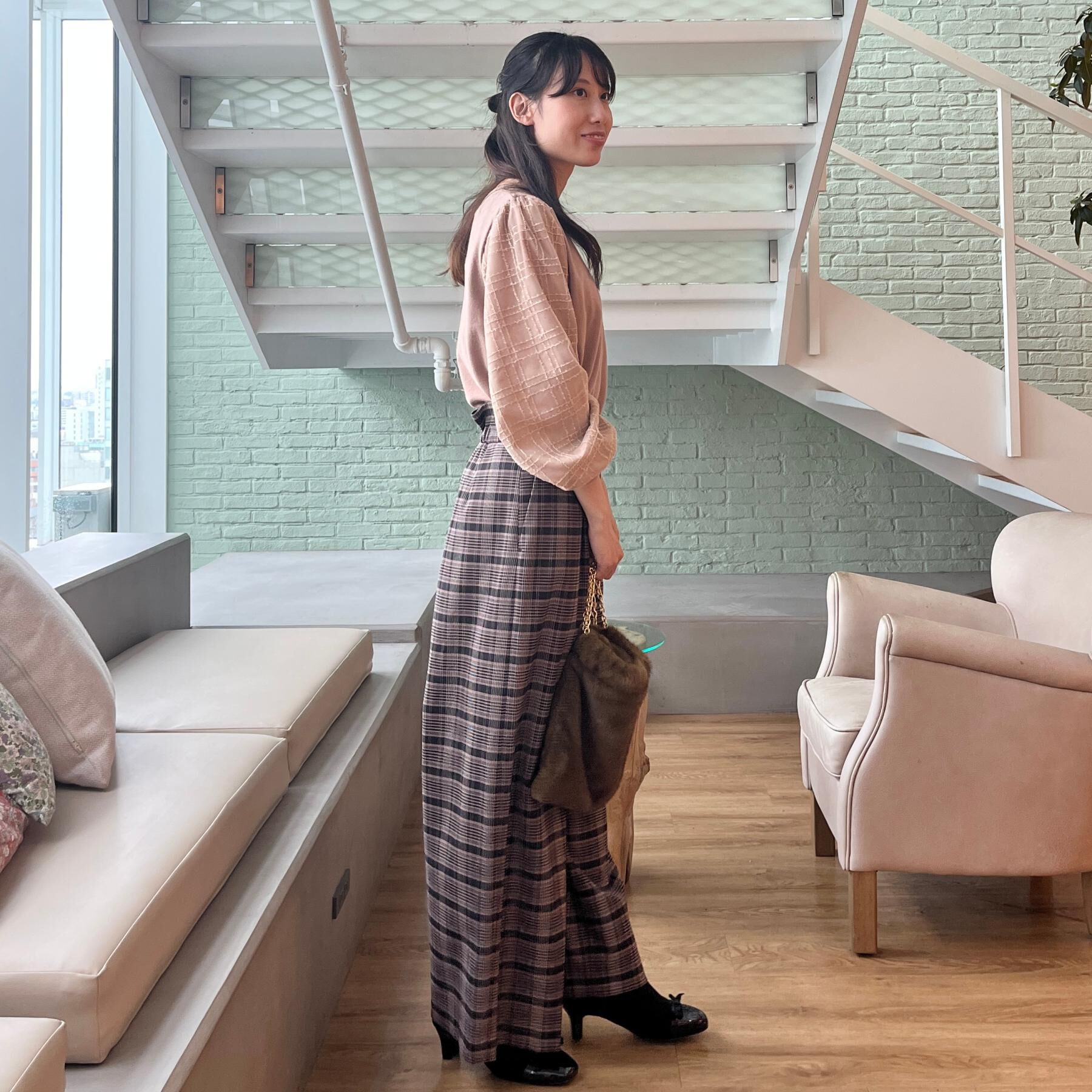 Couture broach「【大人可愛い】起毛先染めチェック柄 スカラウエスト ワイドパンツ」|その他|