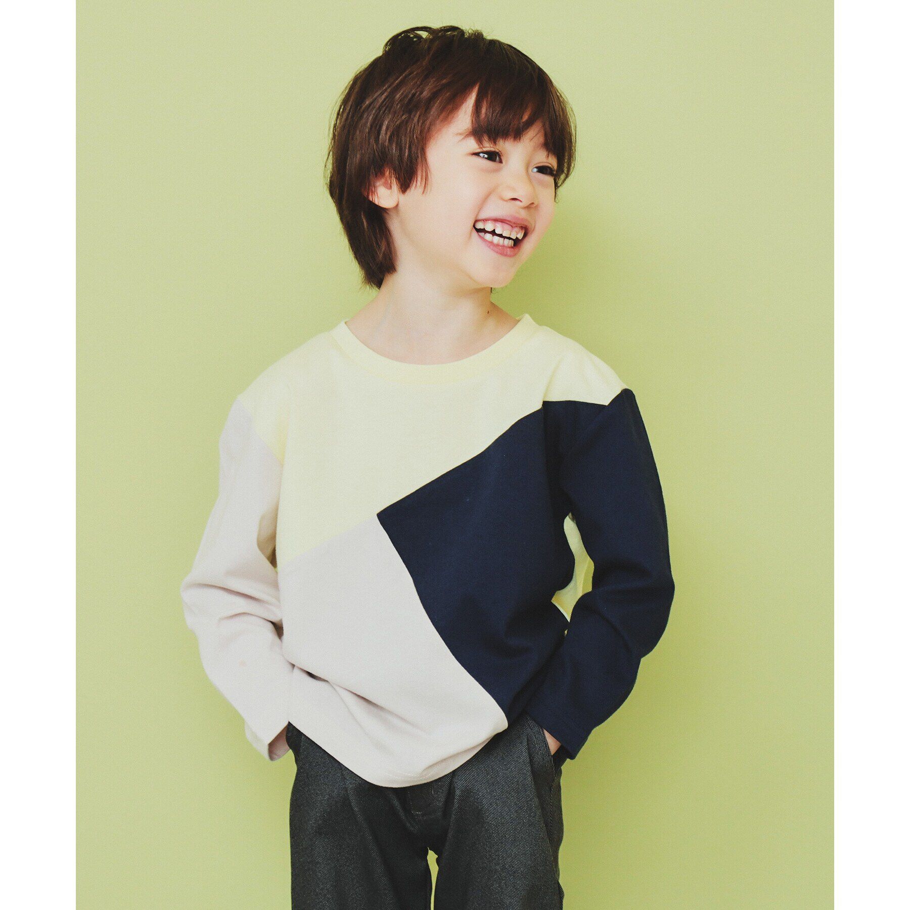 THE SHOP TK「【100-150】斜めブロッキング長袖Tシャツ/洗濯機OK」|Tシャツ・カットソー|イエロー(531)