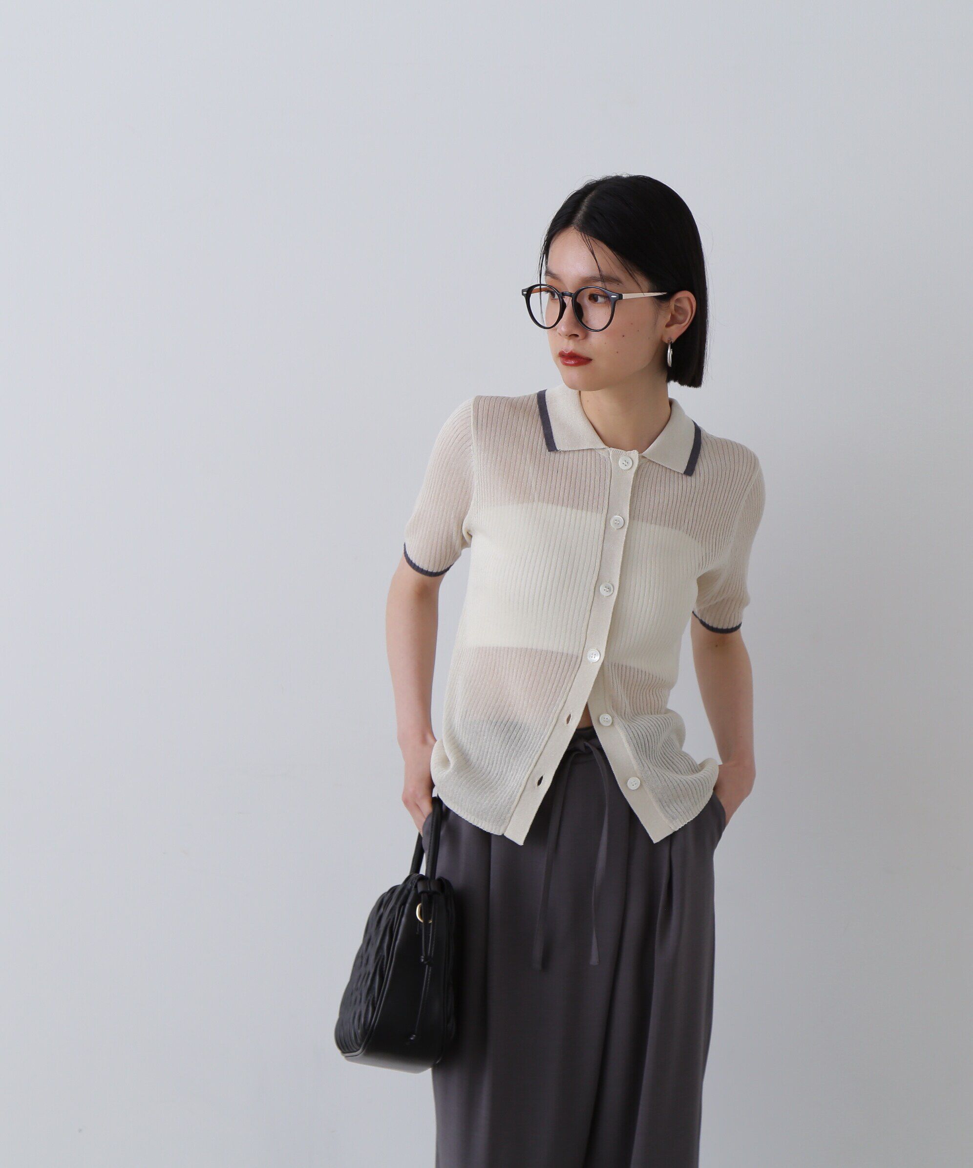  「シアーシャイン襟付きリブニット」|ニット・セーター|