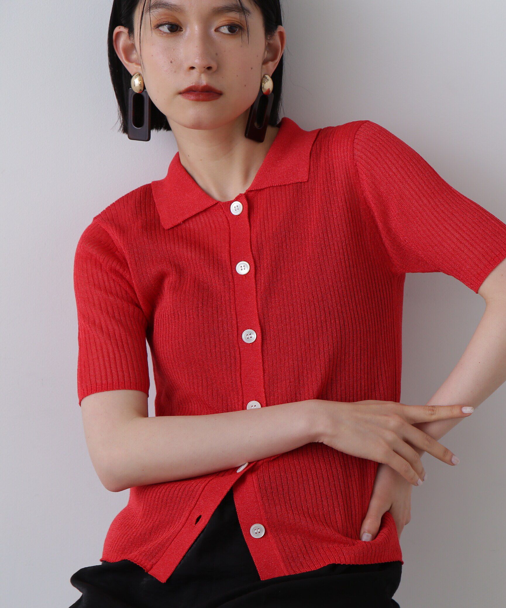  「シアーシャイン襟付きリブニット」|ニット・セーター|