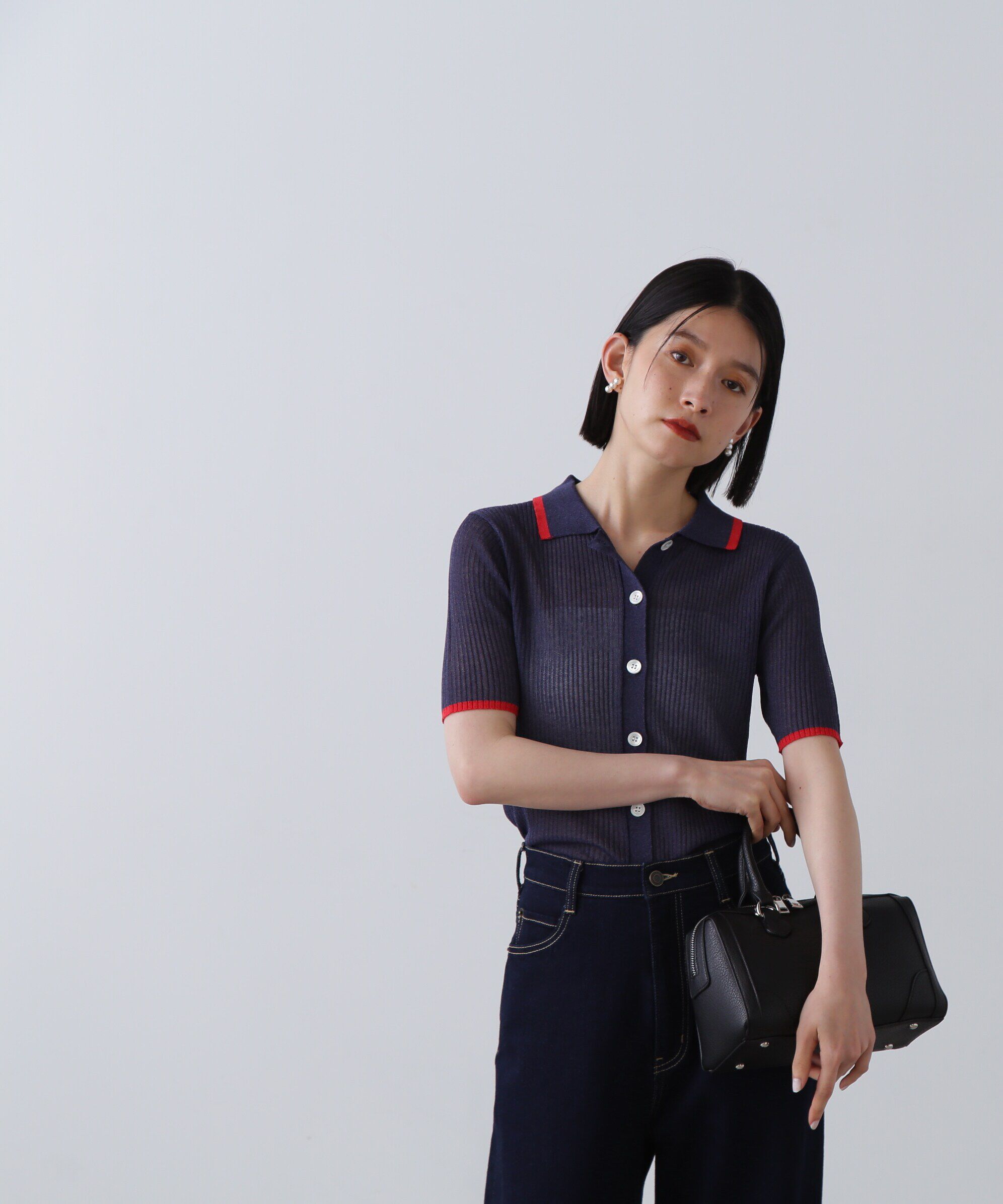  「シアーシャイン襟付きリブニット」|ニット・セーター|