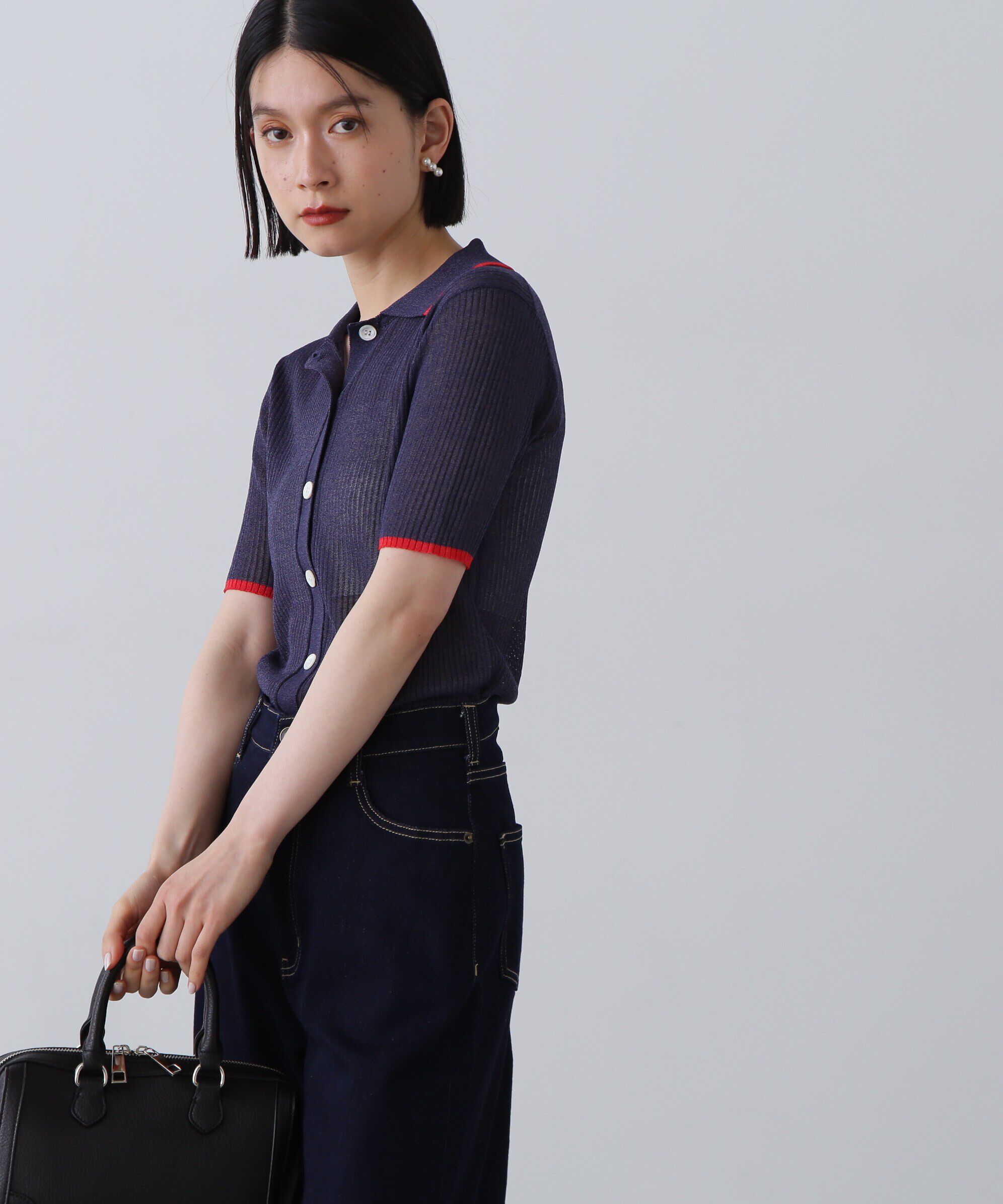  「シアーシャイン襟付きリブニット」|ニット・セーター|