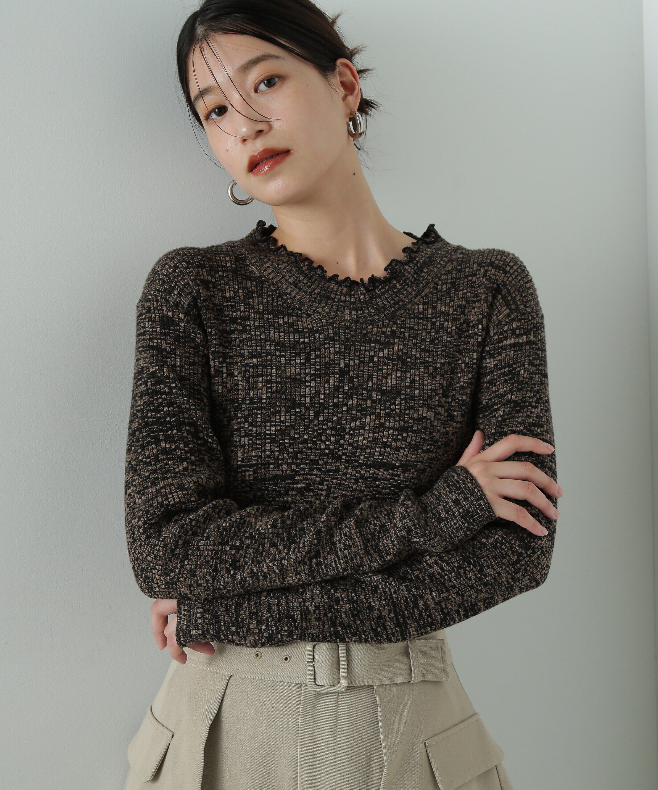  「メローネックリブニット」|ニット・セーター|ブラウン1