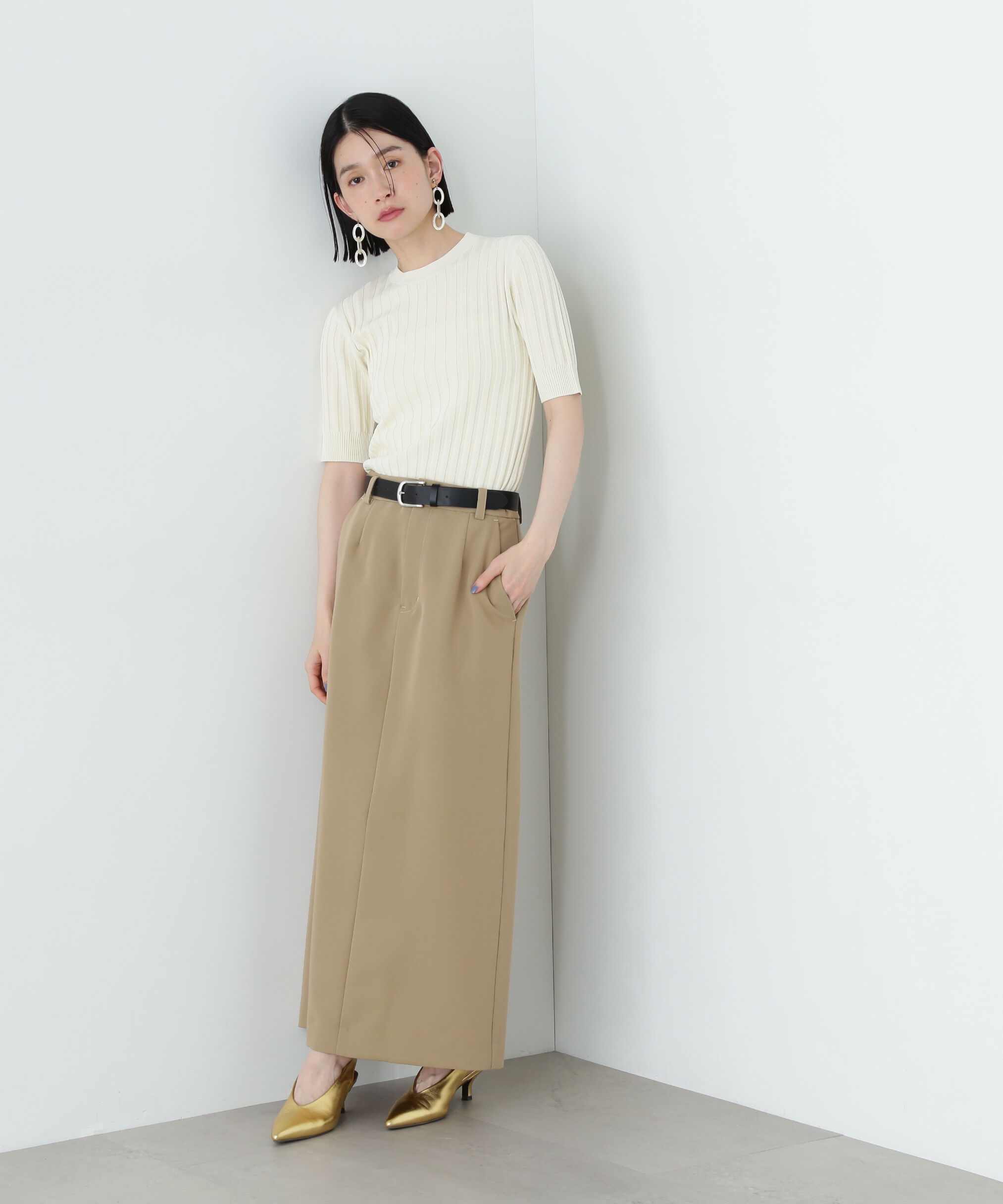  「半袖微配色リブニット」|ニット・セーター|