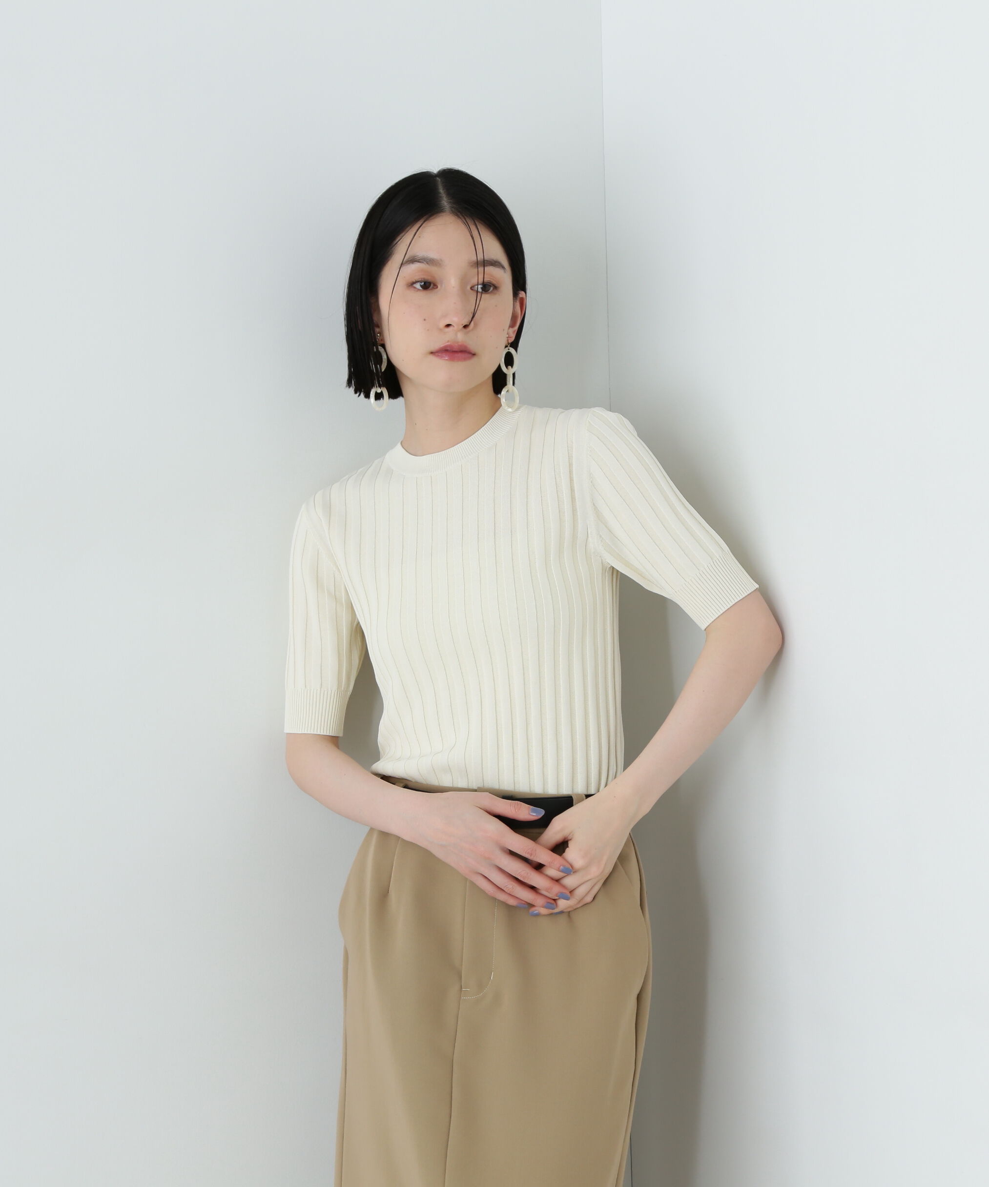  「半袖微配色リブニット」|ニット・セーター|
