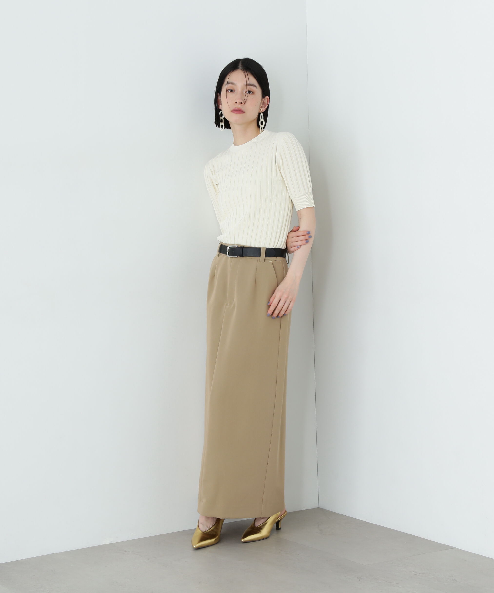  「半袖微配色リブニット」|ニット・セーター|