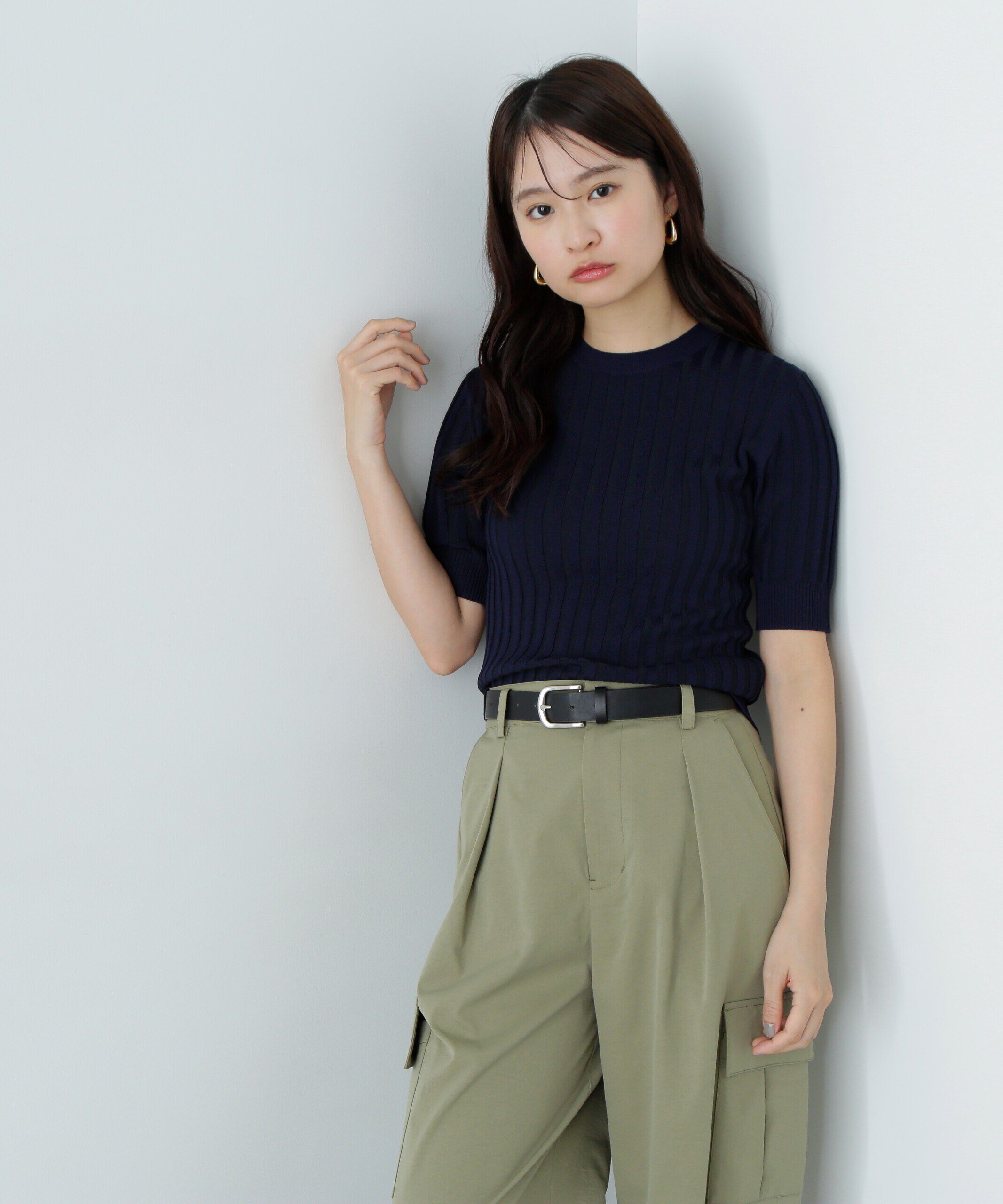  「半袖微配色リブニット」|ニット・セーター|